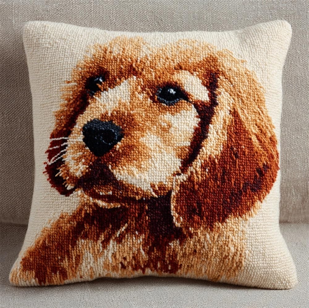 FWRTYCB DIY Latch Pillow Case Kits Brown Golden Dog Cocker Spaniel Crochet