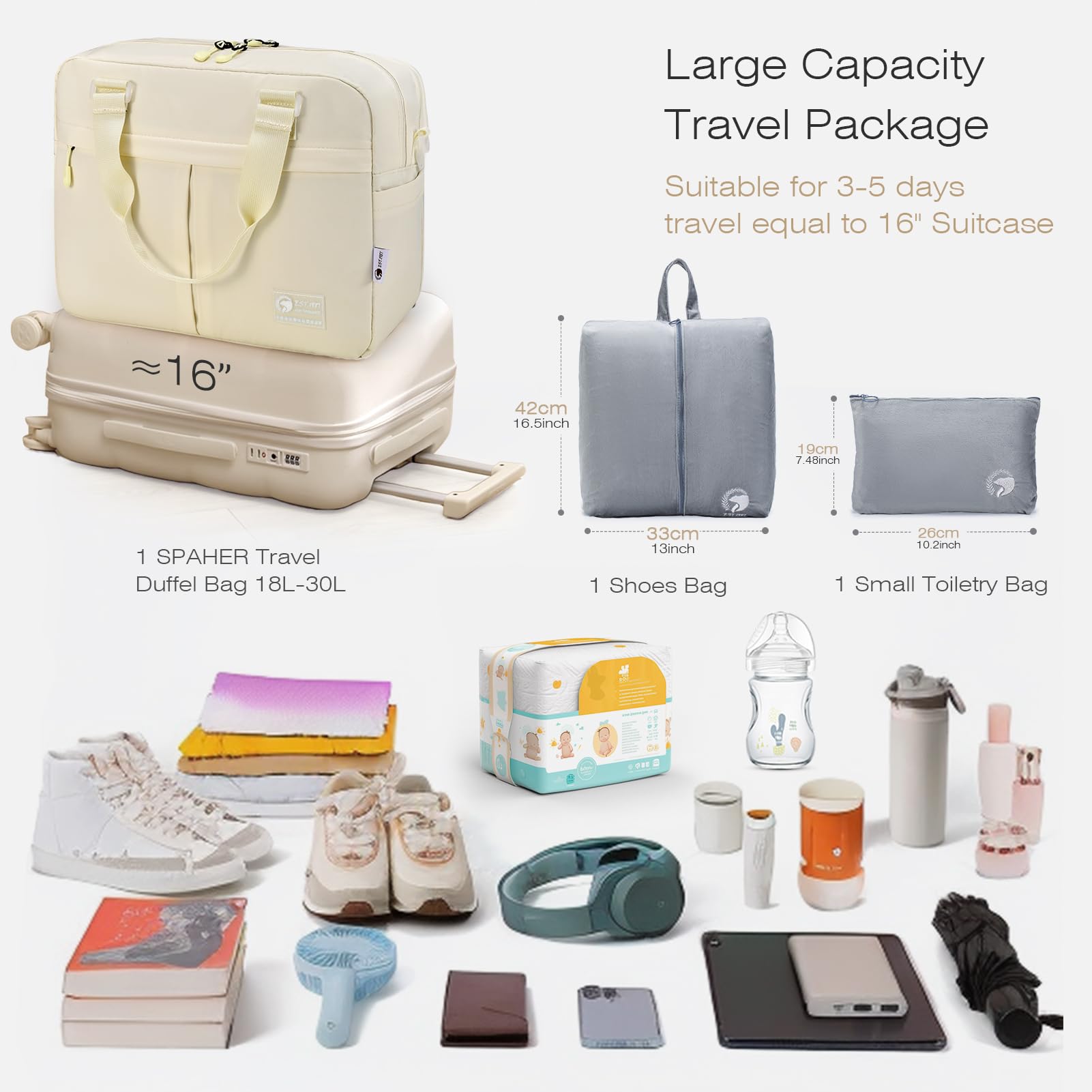 SPAHER Extensible Sac de Voyage Cabine Avion Air France 40x30x15 à 40x30x25 Eurowings Wizzair Bagage Cabine Sac de Maternité Weekend Sport Piscine Femme Homme Bagage à Main avec Pack de Maquillage