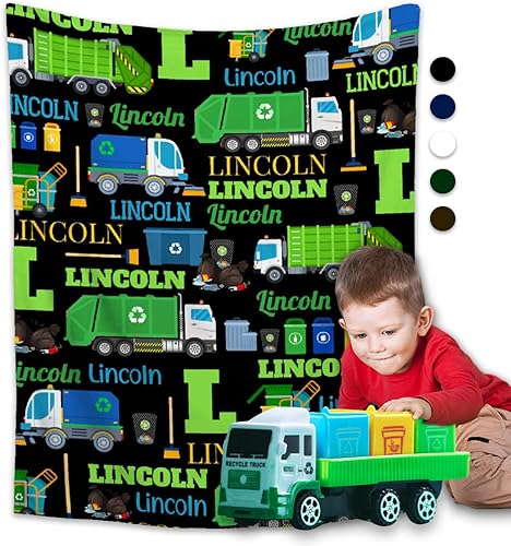 Buyyet Manta de regalo personalizada con nombre, camión de basura para niños, manta de franela de forro polar suave para cama, sofá al aire libre,