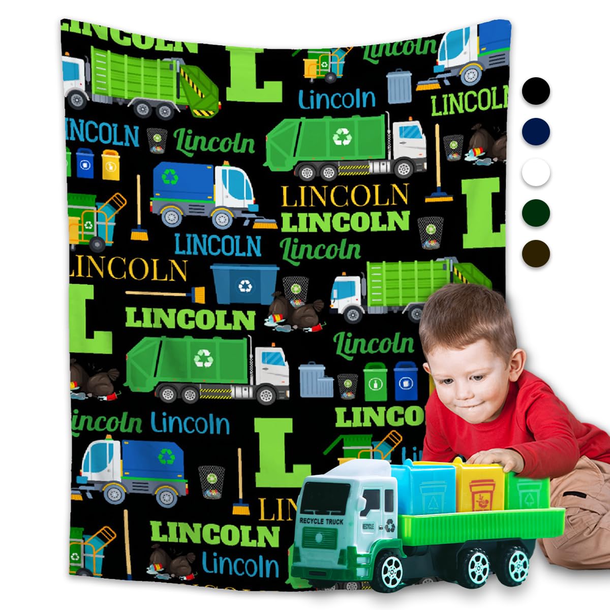 Buyyet Personalized Garbage Truck Custom Gift Blanket with Name, Garbage Truck Blanket for Boys Kids Soft Fleece Flannel Throw Cozy Blankets for Bed