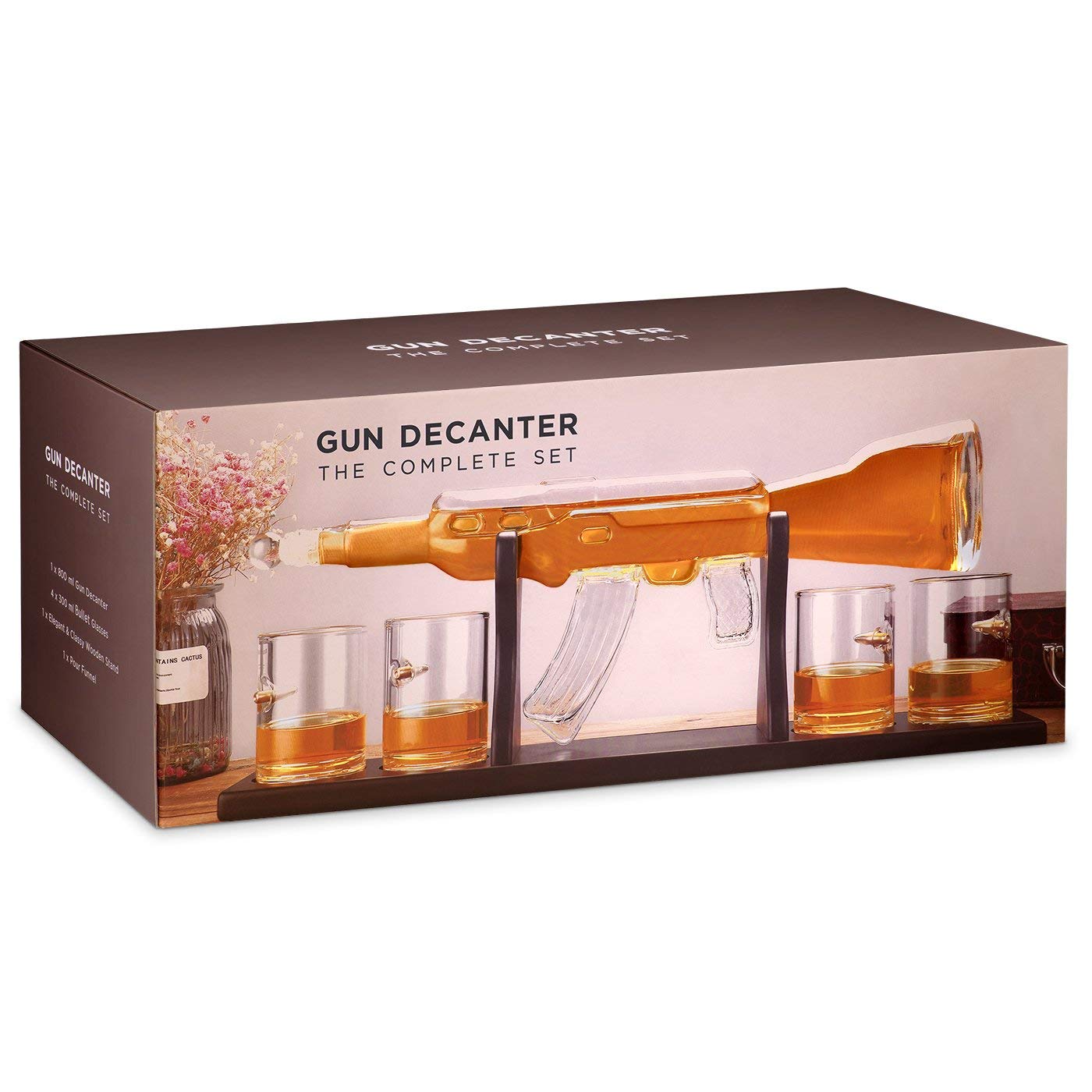 Maverton Caraffa per whisky in vetro a forma di fucile - incisione personalizzata - Decanter in vetro da 800 ml + 4 bicchieri da 300 ml - Set bicchieri whisky - idea regalo per Lui - tiratore