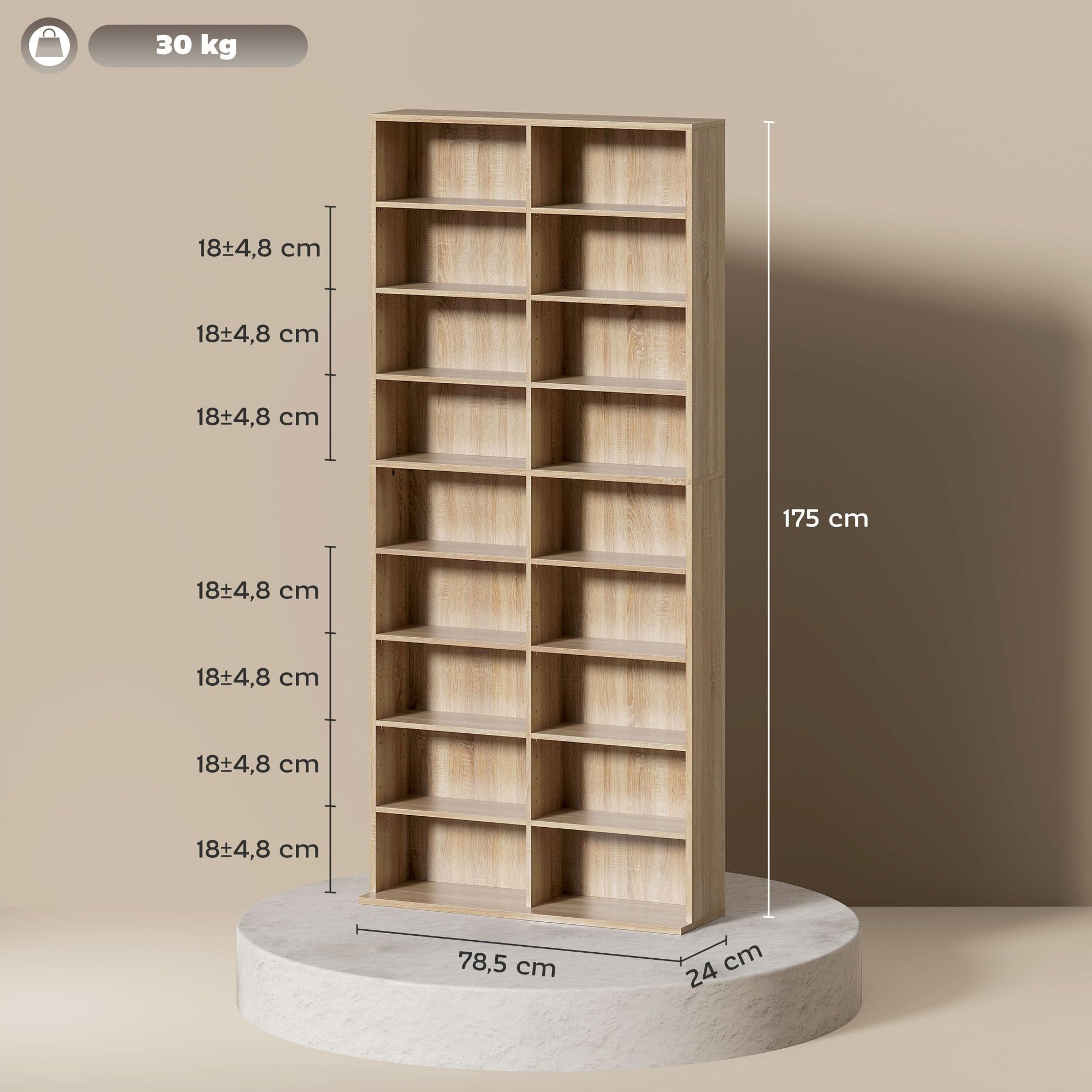 HOMCOM Estantería para CD, DVD y Blu-ray, capacidad para hasta 640 CD, 360 DVD o 430 Blu-rays, estantes ajustables, estantería para salón, 78,5 x 24 x 175 cm, madera natural