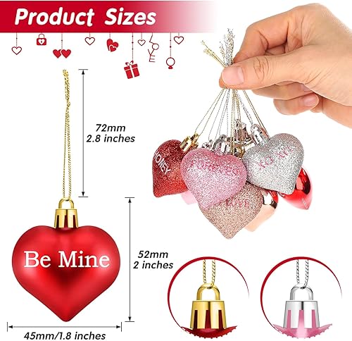 Miniatura 4 de Shynek 48 adornos de corazón para el día de San Valentín para árbol, bolas de corazón de San Valentín con palabras de amor dulces para decoraciones