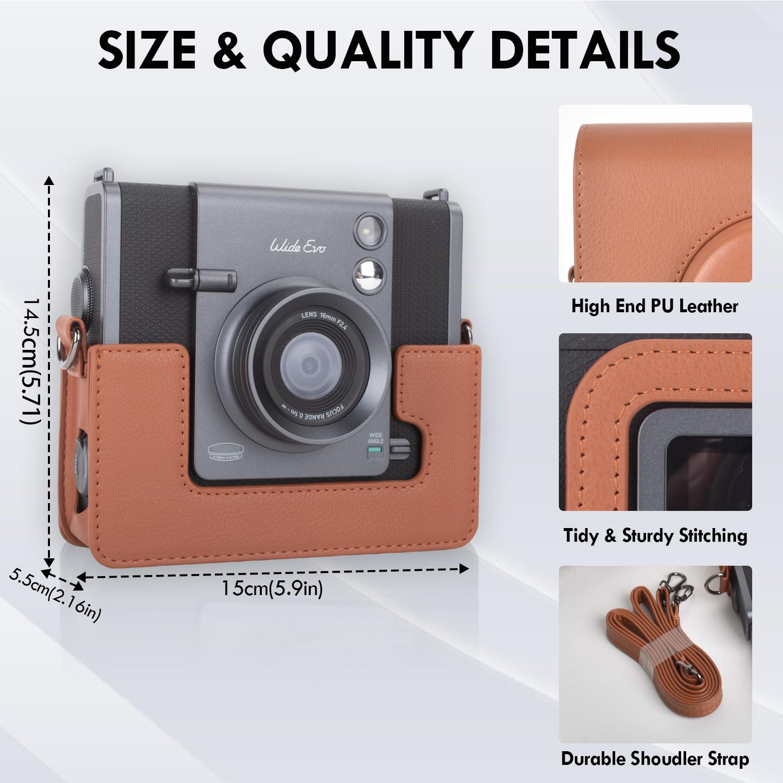 HIQYIN Étui Instax Wide Evo, Coque de Protection Compatible avec l'appareil Photo instantané Hybride Fujifilm Instax Wide Evo, étui de Transport en Cuir PU avec bandoulière réglable - Marron