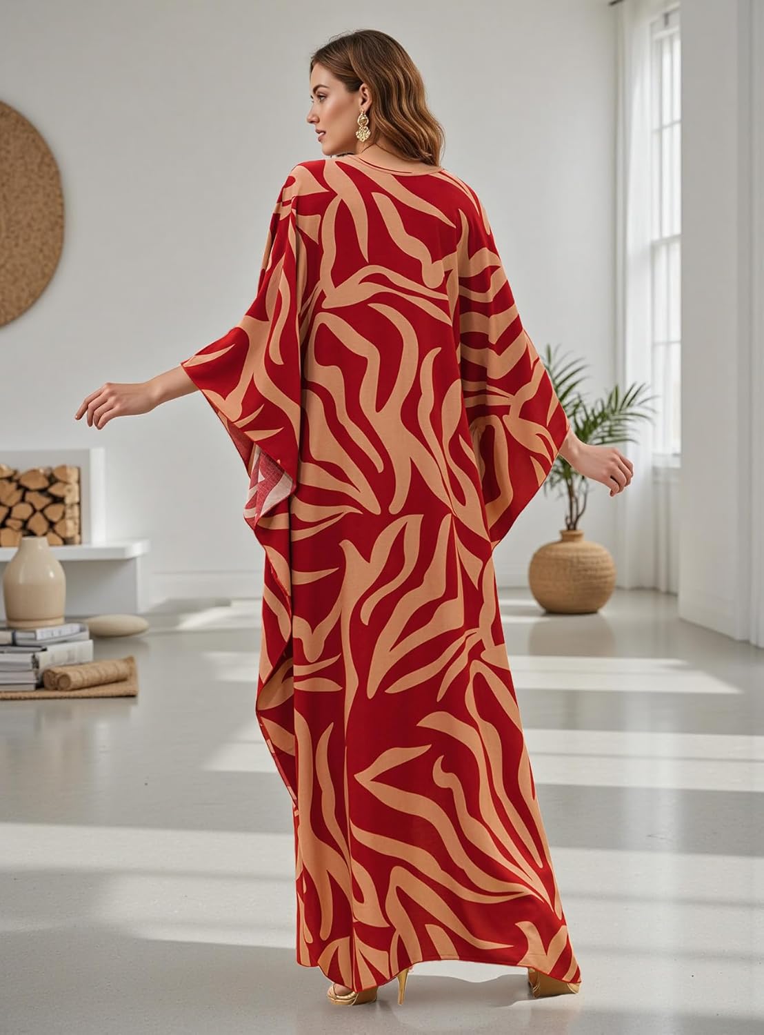 Women's Plus Size Kaftan Dress - Batwing Sleeve Long Beach Cover Up Maxi Dress Swimsuit Cover Loungewear - Image 6