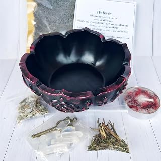 Witchcraft Ritual Supplies Kit Offering Bowl Dried Herbs Healing Crystals Key Candle Black Salt for Protection Wiccan Altar Tools 7 Pcs Magick Witch Hekate Stuff Decor
