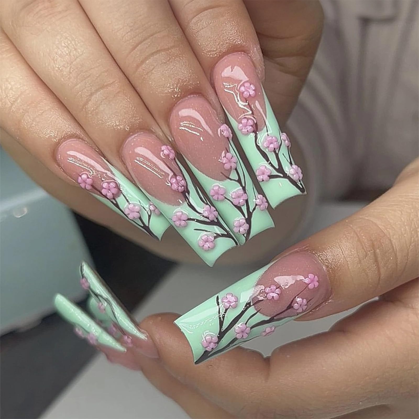 MISUD Press on Nails - Long Square Glue on Nails with Green French Tip, Acrylic Flower Design 24 pcs