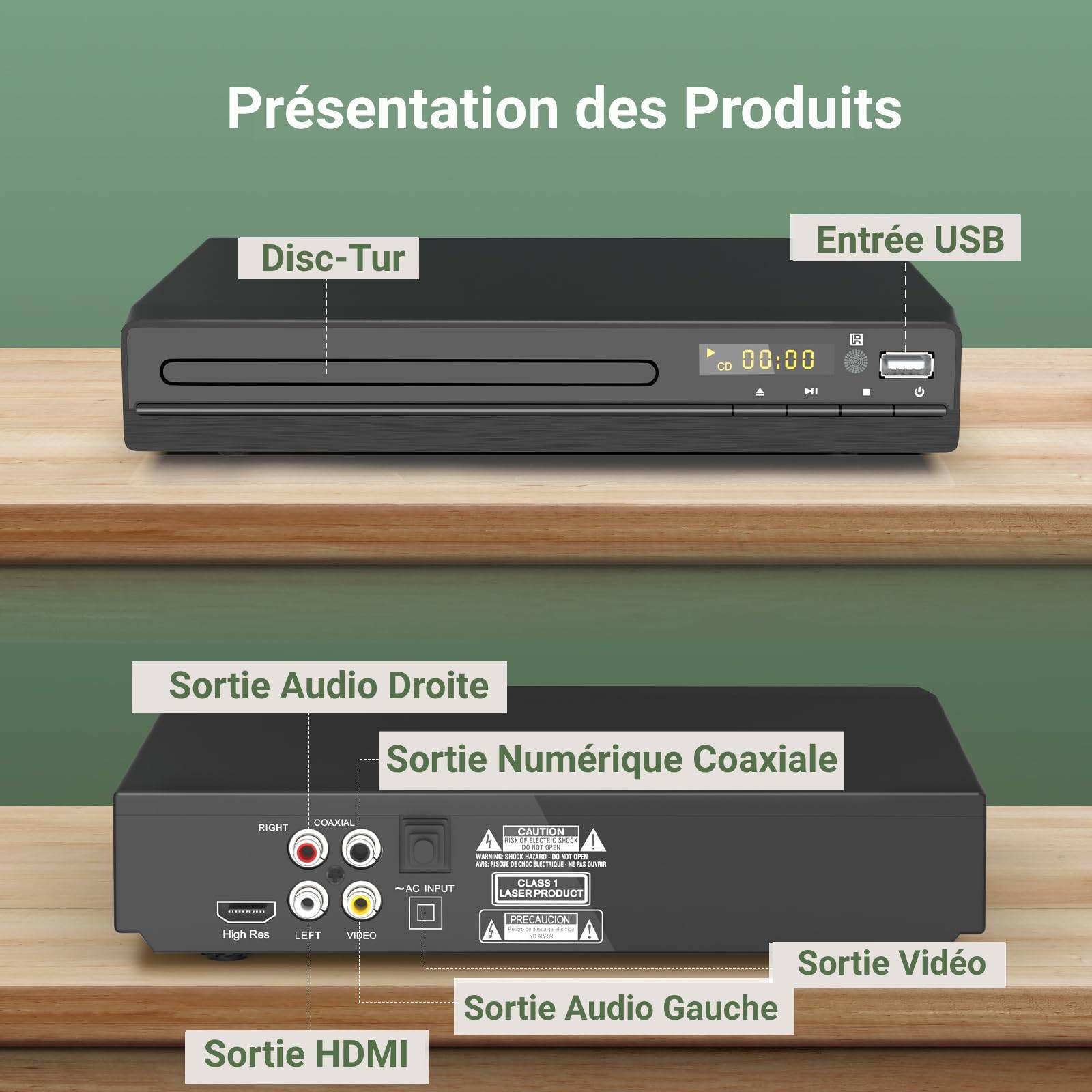 HDMI DVD Player | Unterstützt 1080P, USB, CD | Regionenfreier DVD Spieler für Fernseher | Mit HDMI-Kabel, RCA-Kabel und Fernsteuerung