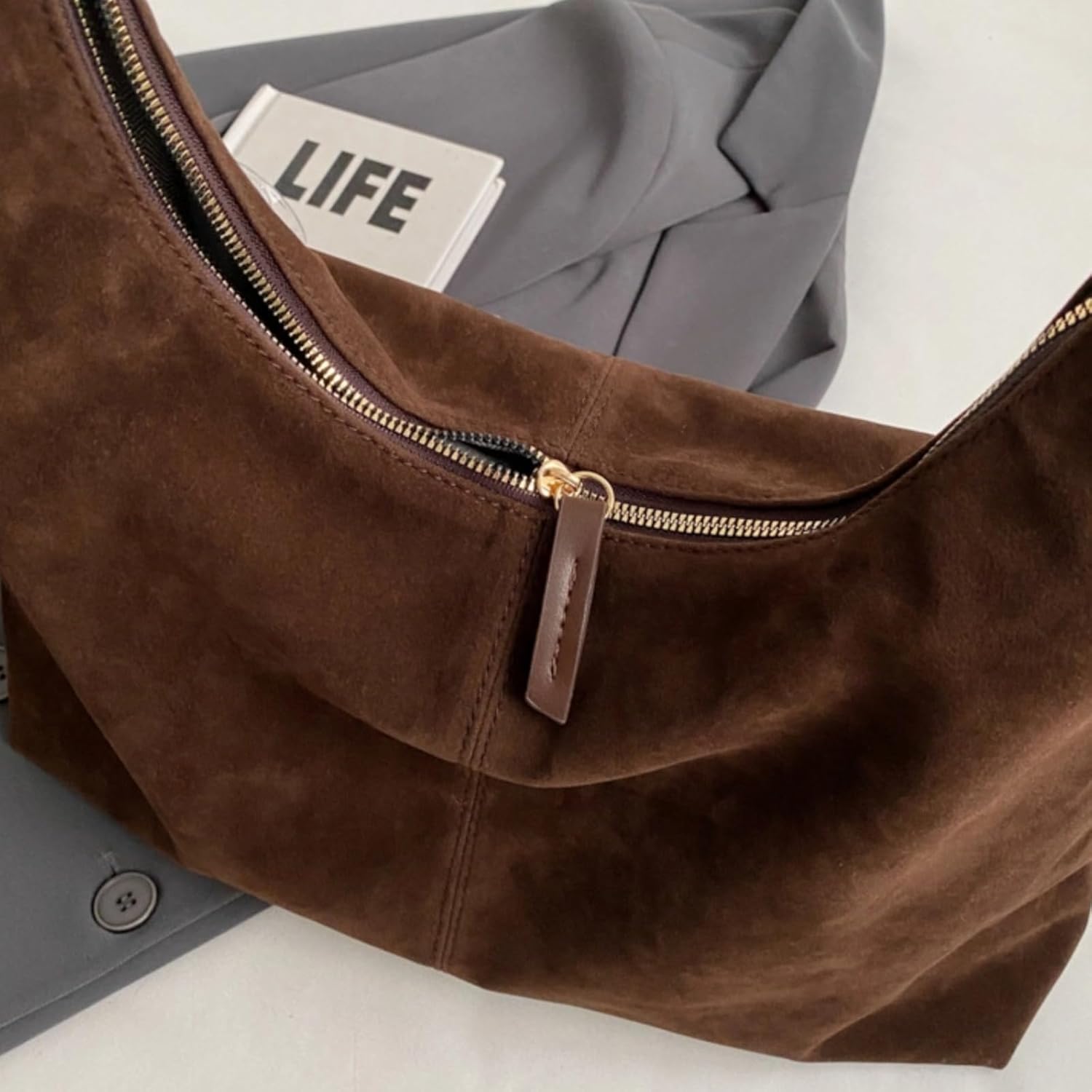 Slouchy Suede Shoulder Bag for Women Suede Purse Tote Bags Hobo Handbag Underarm Bag for Work Travel Winter Fall - Image 6