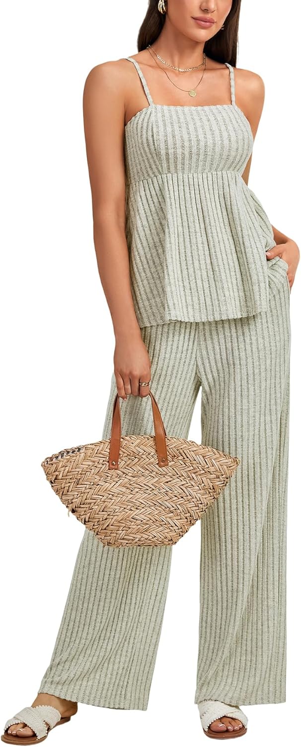 LYANER Women's 2 Piece Outfits Ribbed Knit Peplum Cami Top Wide Leg Pants Lounge Set - Image 3