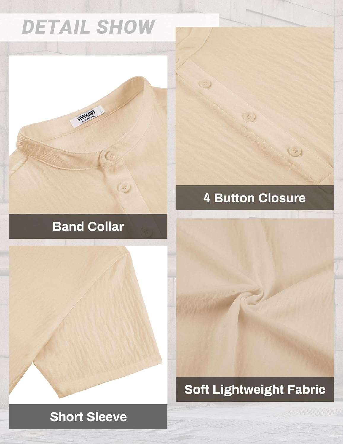 COOFANDY Men's Casual Henley Shirt Short Sleeve Linen Shirt Band Collar Summer Hippie Beach T-Shirts - Image 5