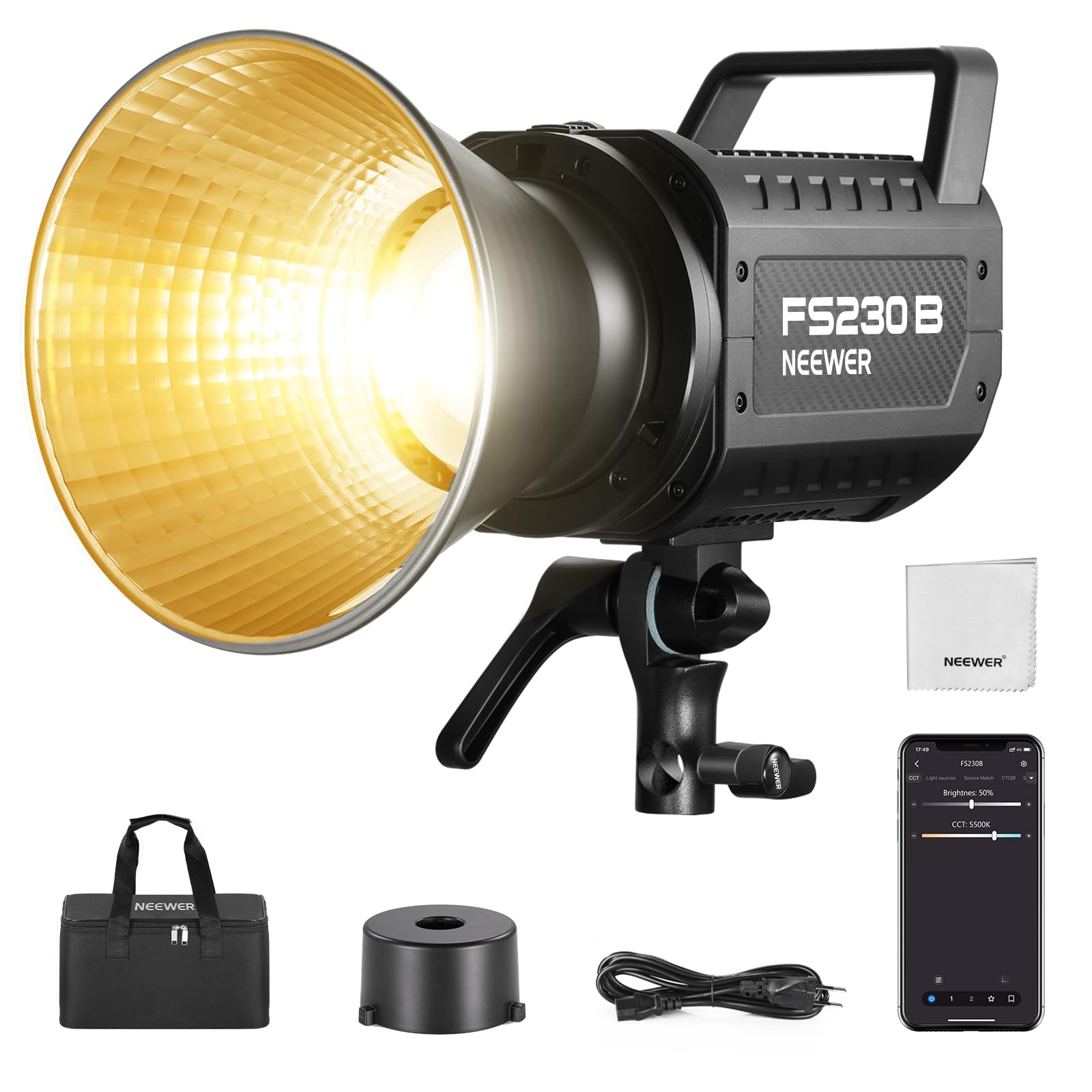 NEEWER FS230B Luz LED de Estudio para Vídeo, 230W COB Bicolor, Iluminación Continua con 2,4G/App Control, 110000Lux/m, 2700K-6500K, CRI 97+, Montura Bowens, Paño de Limpieza para Fotografía y Vídeo