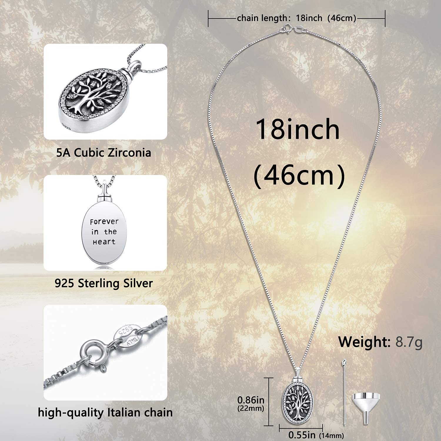 Naszyjniki z motywem drzewa życia, urna, naszyjnik, srebro wysokiej próby 925, biżuteria kremacyjna, amulet, pamiątka, medalion "Forever in my heart", wisiorek z zestawem do napełniania i pudełkiem upominkowym, łańcuszek 45 cm, Srebro szterlingowe