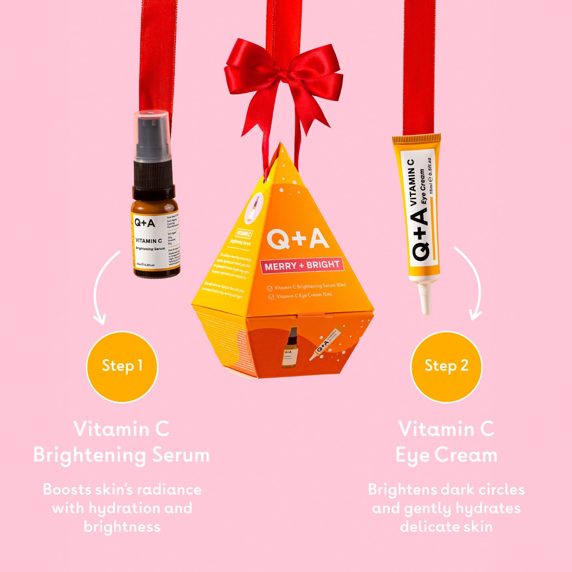 Q+A Merry + Bright zestaw upominkowy, witamina C Skincare Duo, serum rozjaśniające (10 ml) i krem pod oczy (15 ml), wzmacniający blask prezent dla nawilżonej, świecącej skóry, wypełniacze pończoch