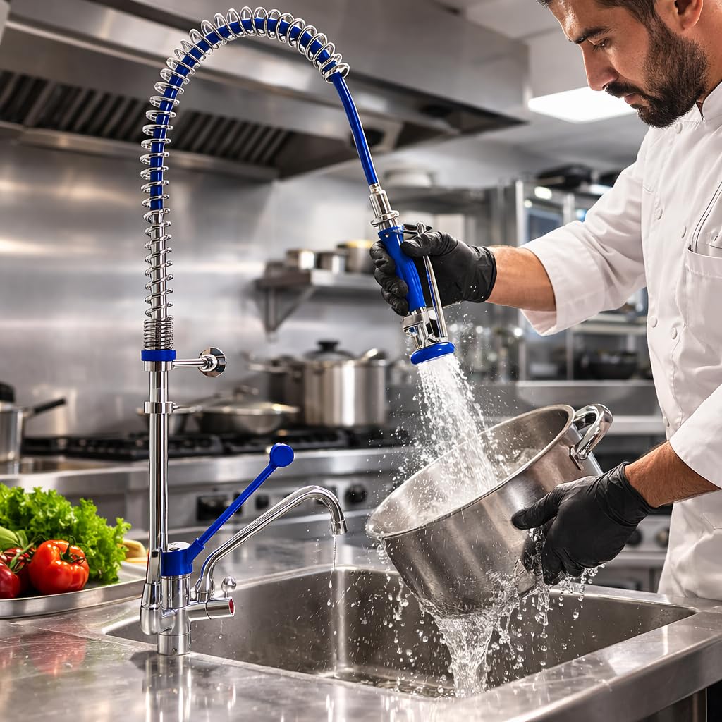 Genebre – Grifo Columna Prelavado Profesional 1707 04 | Grifo Industrial Monomando con Maneta Médica, Ducha Extraíble y Caño Giratorio | Cocina Profesional Hostelería Restaurante | Acero Inoxidable