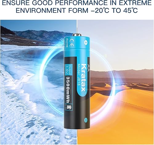 Miniatura 9 de Kratax Baterías de litio AA recargables de 1.5 V, paquete de 4 baterías AA de iones de litio de 3500 mWh, de alta capacidad, 1600 ciclos,