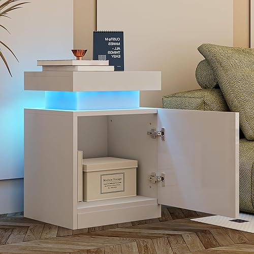 Miniatura 5 de oneinmil Juego de 2 mesitas de noche LED, mesita de noche con armario de almacenamiento para dormitorio, mesita de noche con luces LED, mesa