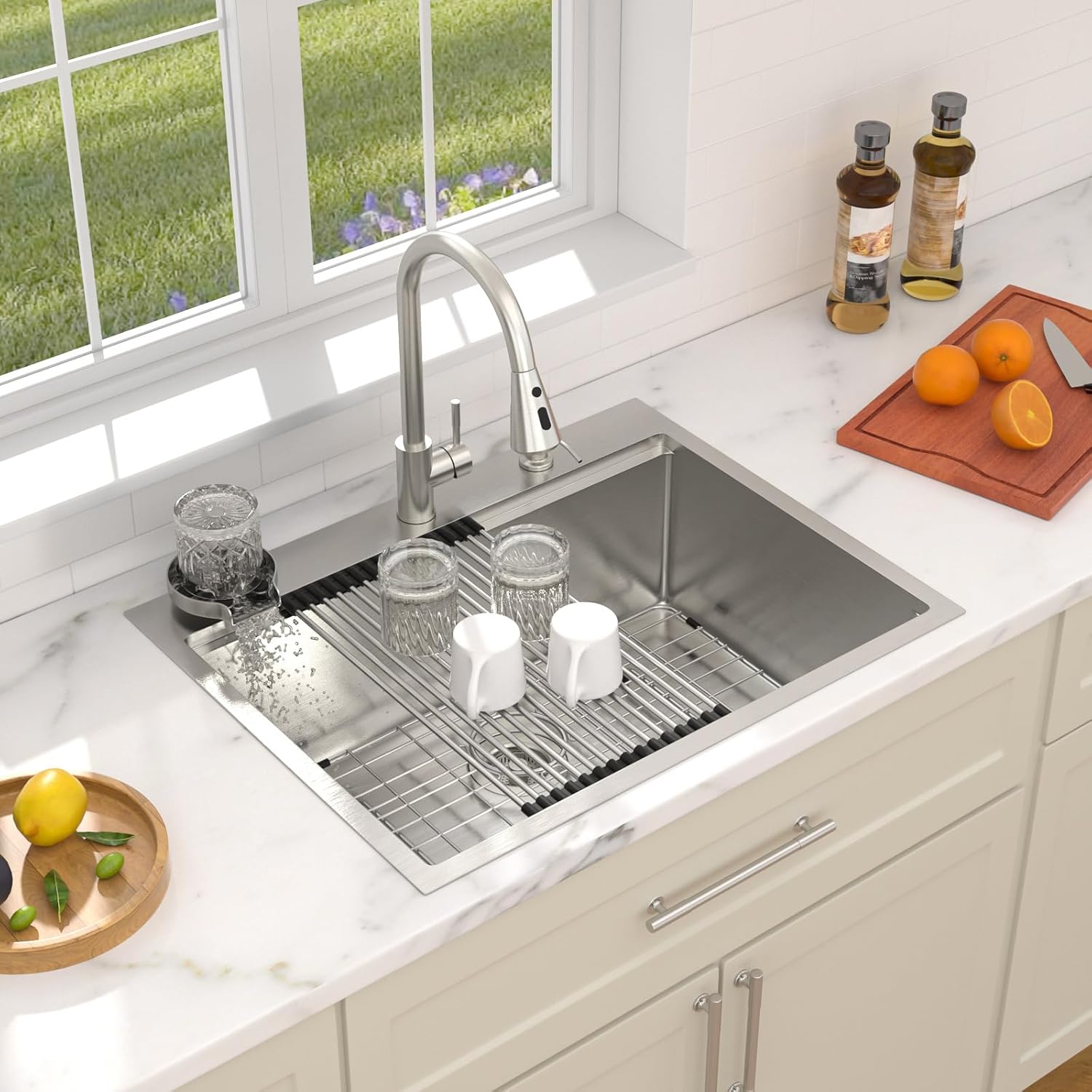 Dcolora 28 In. Drop In Kitchen Sink with Cup Washer, Single Bowl Stainless Steel Workstation Sink, 28"x22"x10" #DC-TW258007S