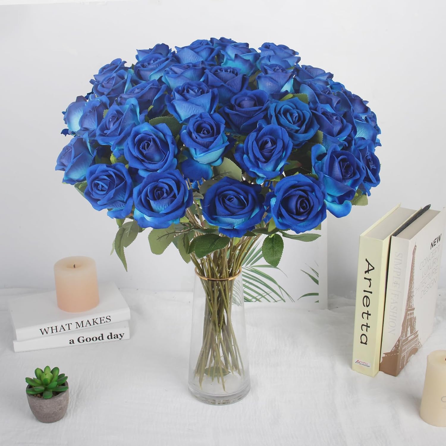 Blue Roses Artificial Flowers Velvet Silk Roses Fake Flowers Faux Artificial Roses Stem Bulk, 36Pcs Realistic Roses for Wedding Centerpieces Flower Arrangement Bridal Bouquet Home Decor