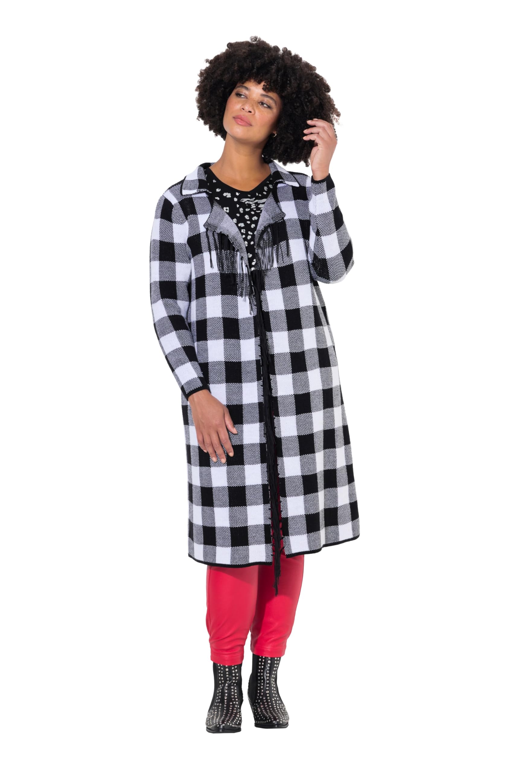Angel of Style Damen große Größen Übergrößen Plus Size Strickjacke, Straight Fit, Karo, Fransenkanten 835789