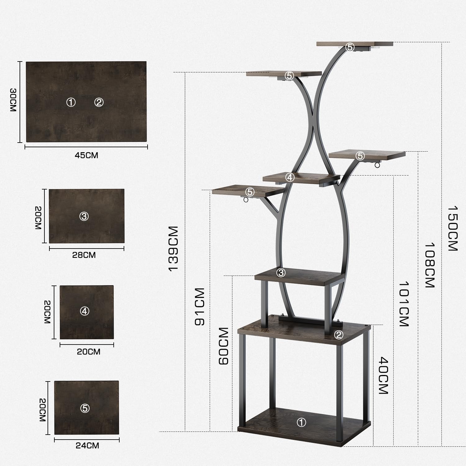Support Plantes 150cm – 8 étagères, LED croissance, métal noir | Support plantes 150cm | 8 étagères | LED croissance + minuterie | Métal noir + bois | Int & ext | Salon, balcon