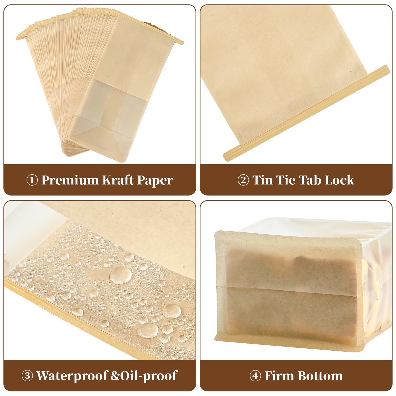 50 bolsas de pan para panes caseros, 5.1 x 3.9 x 11 pulgadas, bolsas de panadería de papel kraft marrón con bloqueo de estaño con bloqueo de estaño para pan de masa madre con ventana, 3