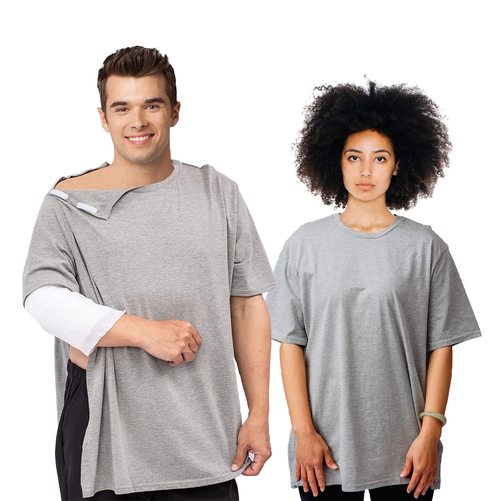 OUDI LINE Uni-Sex Post Shoulder Surgery Shirt & Rehab Shirt with Stick On Fasteners, Convenient and Quick (Large, Gray)
