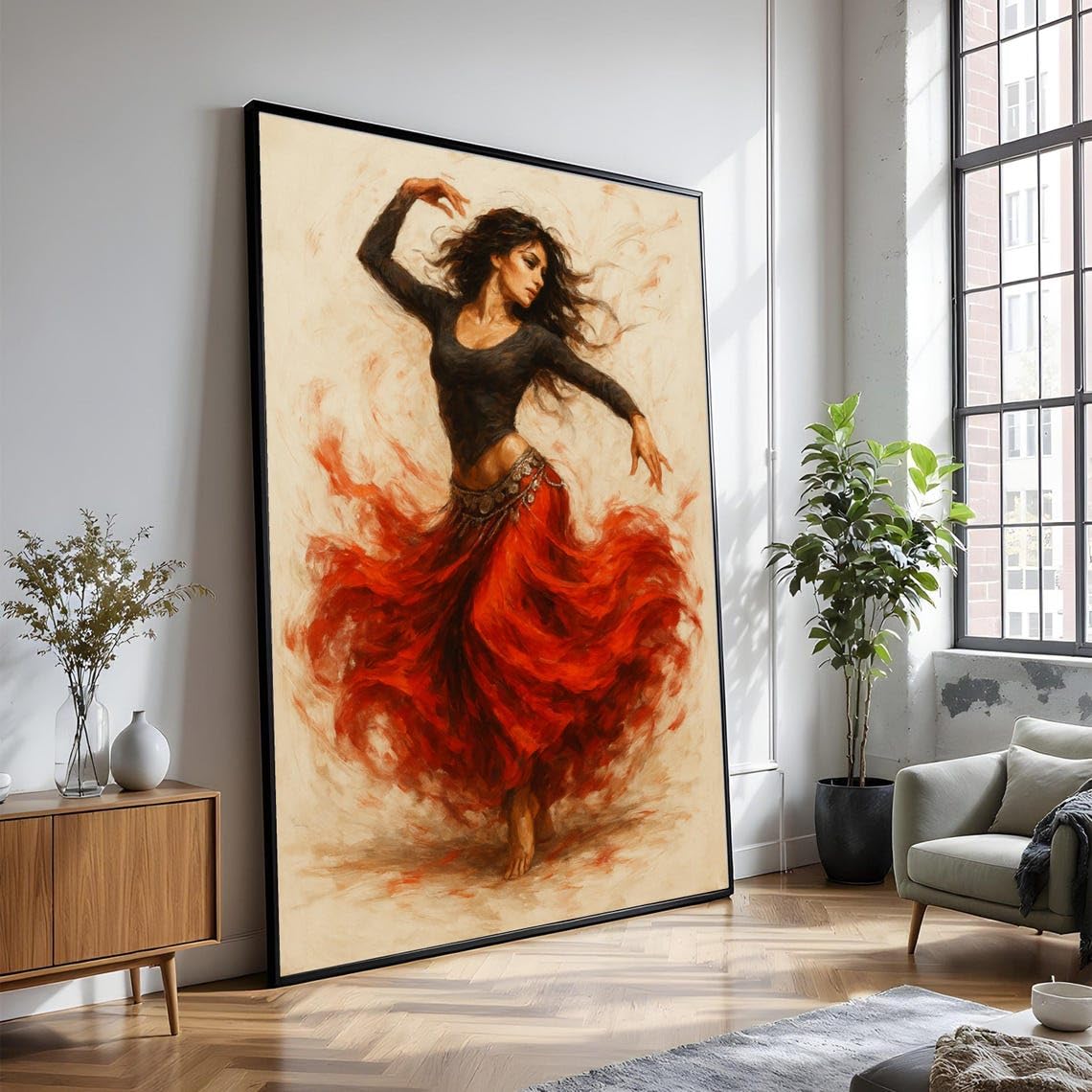 XINBAO Elegante lienzo de bailarina de flamenco, arte mural con falda roja, pintura de danza española, lienzo con movimiento dinámico, decoración del hogar (80 x 120 cm/sin marco)