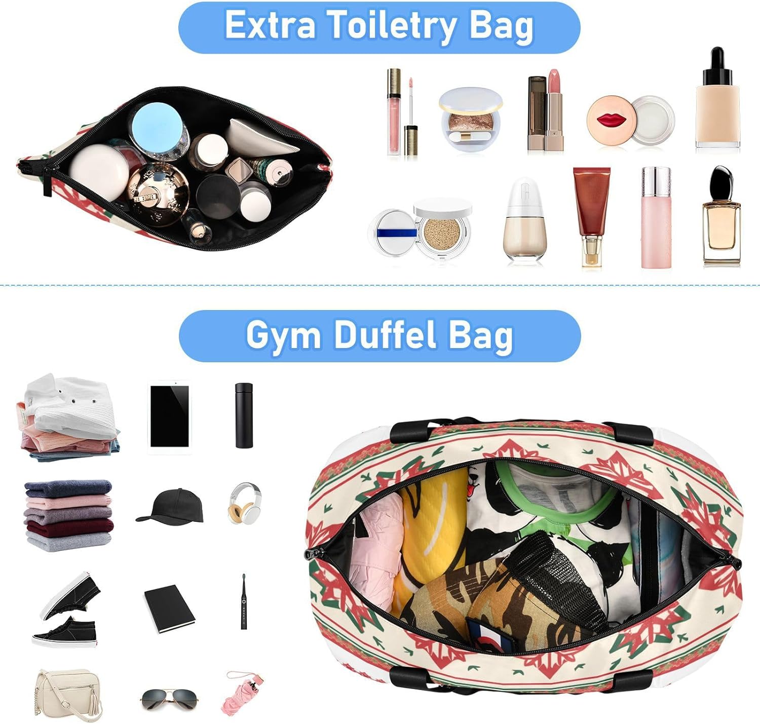 Country Style Flower Red and Green Gym Bag Overnight Carry On Tote and Luggage with Toiletry Bag for Airplane Traveling Waterproof