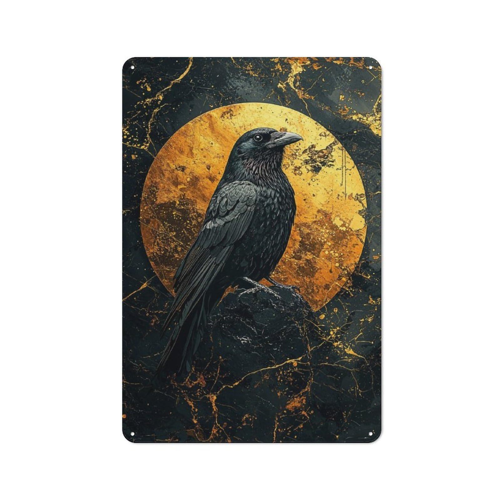 Junmoney Raven And Golden Moon Retro Metal Sign 30X20cm For Garage Wall, For Home Interiors And Metal Sign Collectors