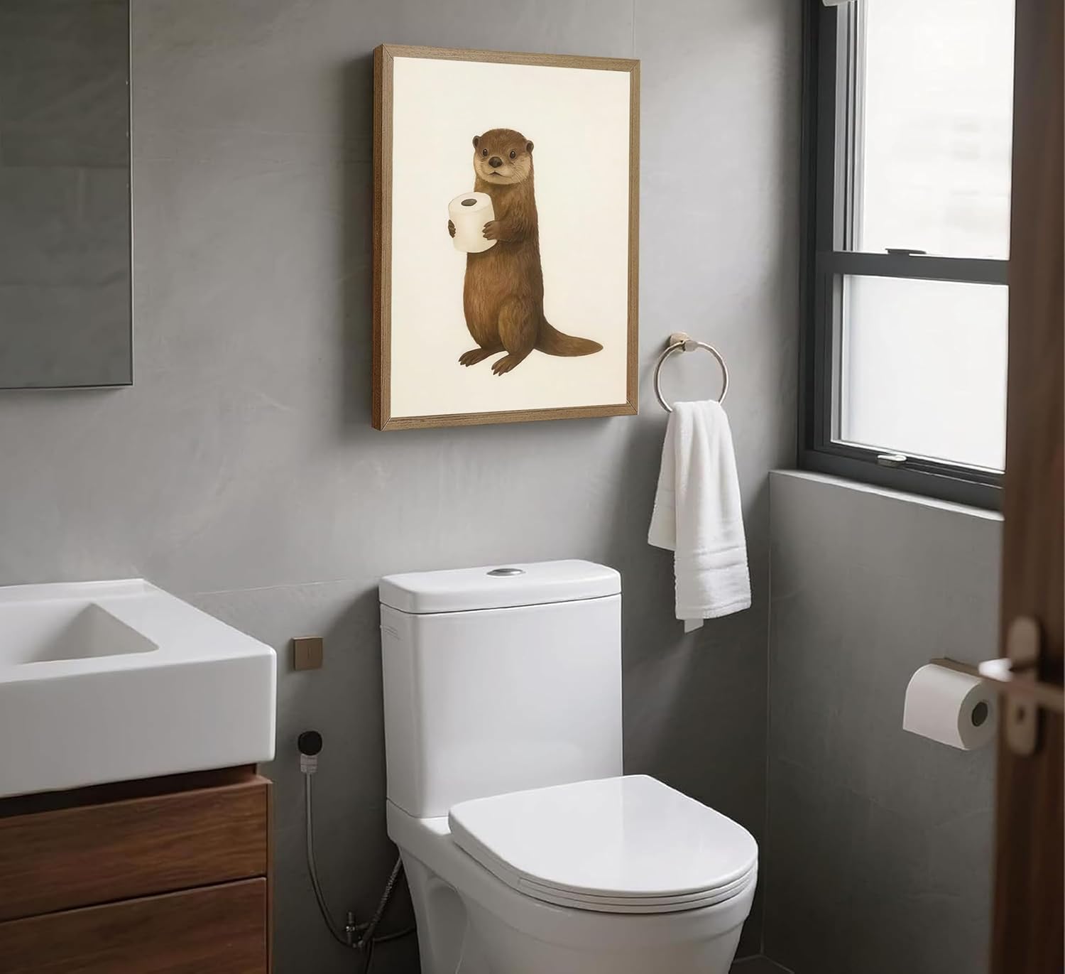 Framed Funny Otter Bathroom Canvas Wall Art Toilet Paper Animal Pictures Wall Decor Kids Bathroom Poster Cute Animal Beige and Brown Painting Print Artwork for Restroom Toilet Decoration