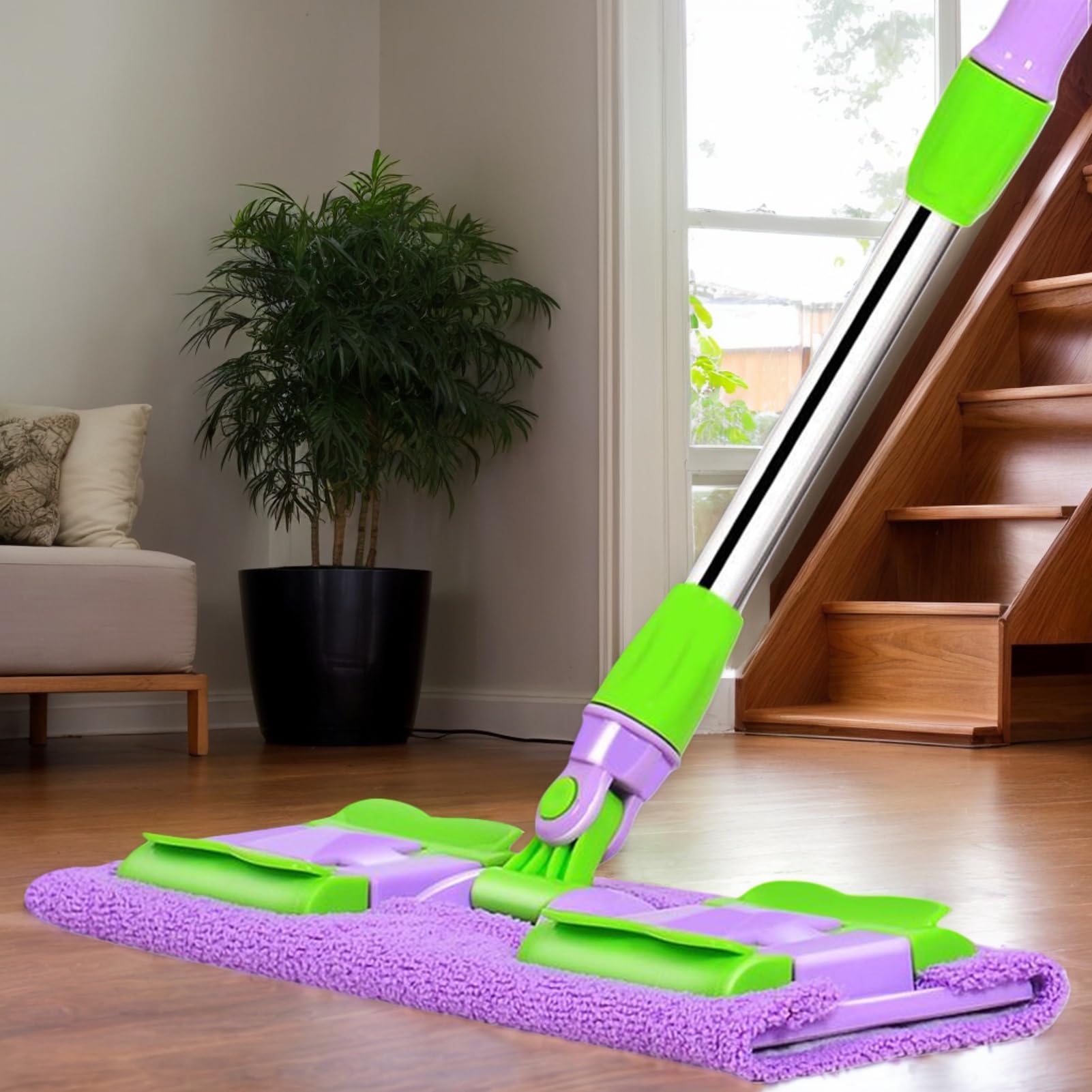 Mopa Plana Rotación 360 Grados, Mango Telescópico, Raspador | Mopa De Cocina Con 4 Almohadillas Lavables Raspador Incluido, Limpiador Para Suelos De Cocina, Baño, Garaje, Patio Y