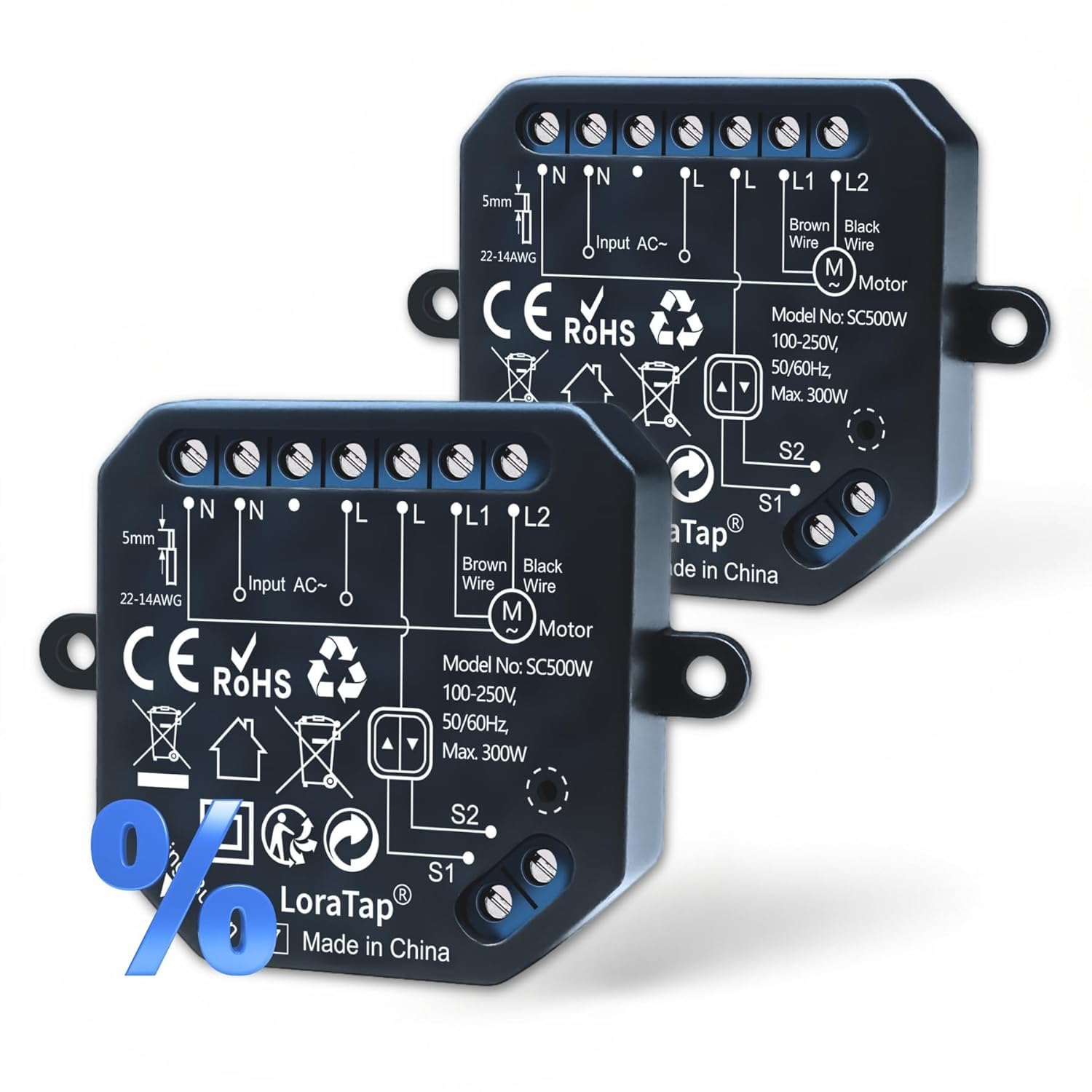 LoraTap módulos persiana Wi-Fi para persianas eléctricas & venecianas/estores 230 V – ajuste 0–100%, control por voz con Alexa, compatibles con interruptor de 2 botones, pack de 2, 300 W, 2,4 GHz