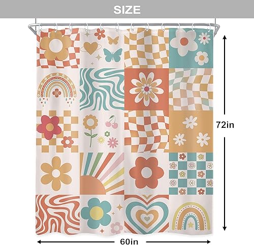 Miniatura 5 de Cortina de ducha retro con diseño de flores rosas y naranjas, 60 pulgadas de ancho x 72 pulgadas de alto, abstracto, a cuadros, pastel, estética,