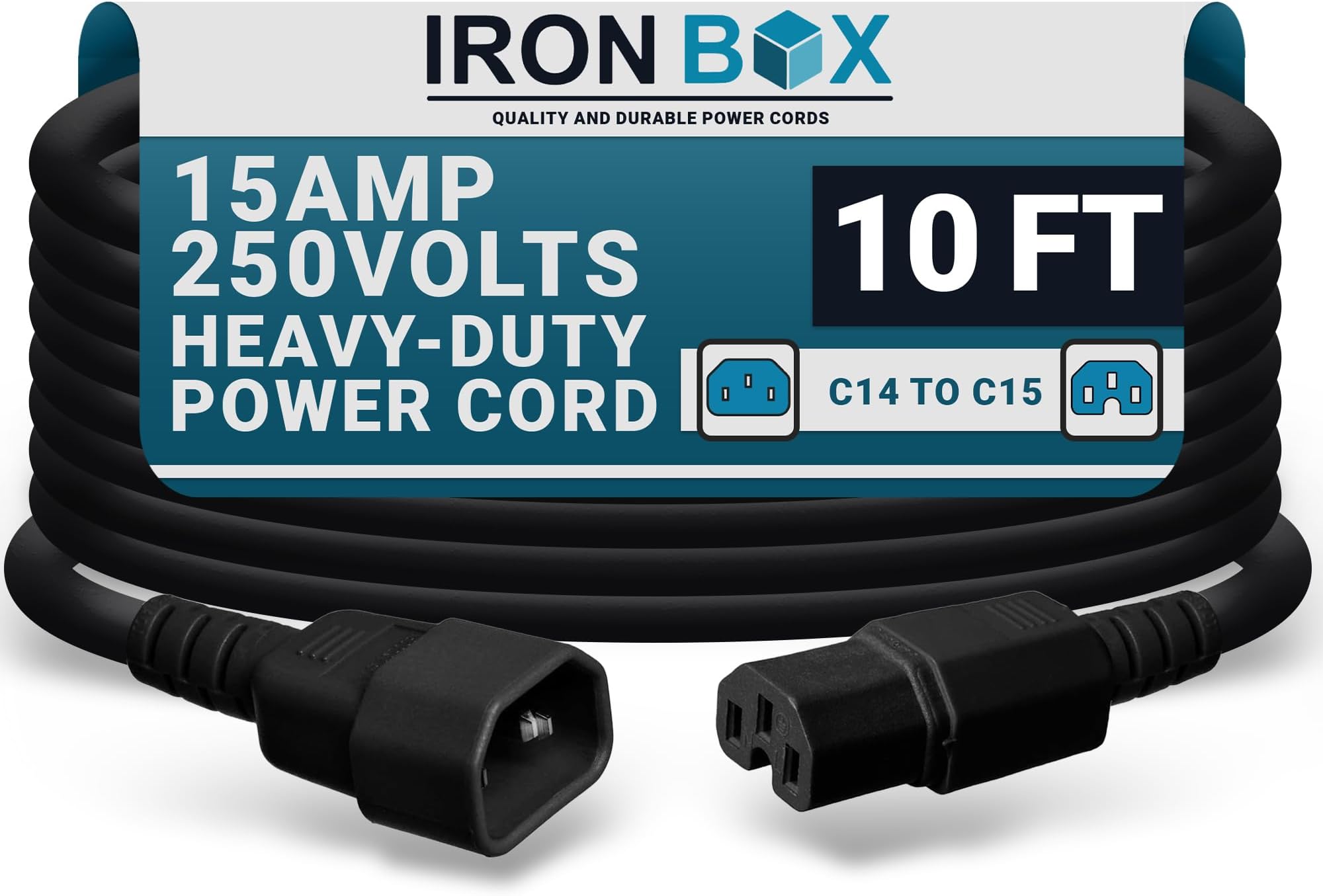 IronBox Electric C14 to C15 Power Cord - 15A/250V, 14/3 AWG SJT - Heavy Duty Cord - UL Listed IEC Power Cable Extension - Jumper Cords for Computer, Server, Desktop, Speaker & More (10ft, Black)