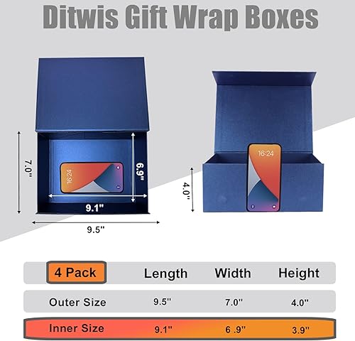 Miniatura 6 de Paquete de 4 cajas de regalo de 9.5 x 7 x 4 pulgadas con tapas de cierre magnético, caja magnética azul para bodas, propuestas de dama de honor,