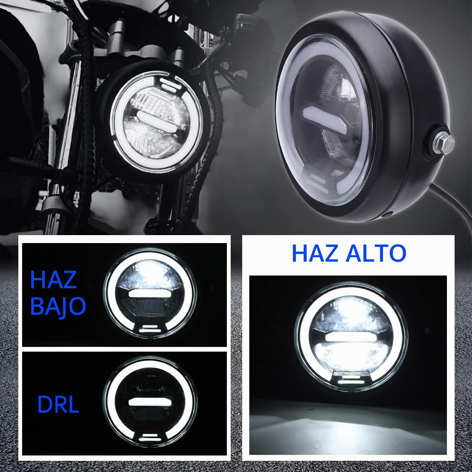 JMTBNO Faro Delantero LED para Moto 6,5 Pulgadas con soporte para Faros Motocicleta, Luces de Conducción Diurna Halo DRL Luz Blanca Universal 12 V para Bobber Chopper Cafe Racer Retro