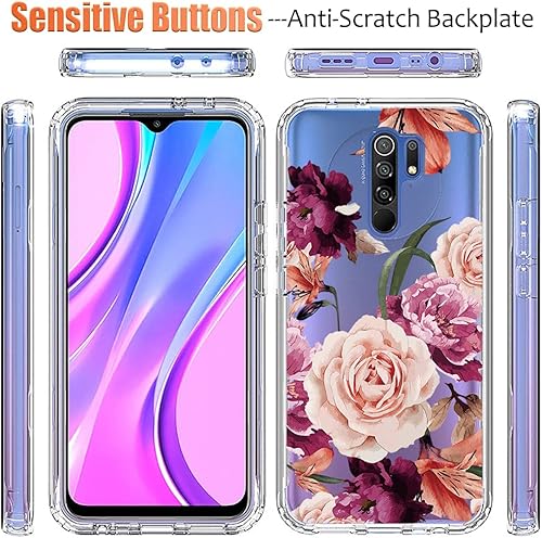 Miniatura 5 de Yerebel Funda para Redmi 9Redmi 9 PrimePoco M2 M2004J19PI con protector de pantalla de vidrio templado, diseño floral, a prueba de golpes,