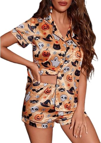 Meihuida Halloween Pajamas Women Cute Button Down Shirt and Shorts 2 Piece Ghost Pumpkin Pjs Sets