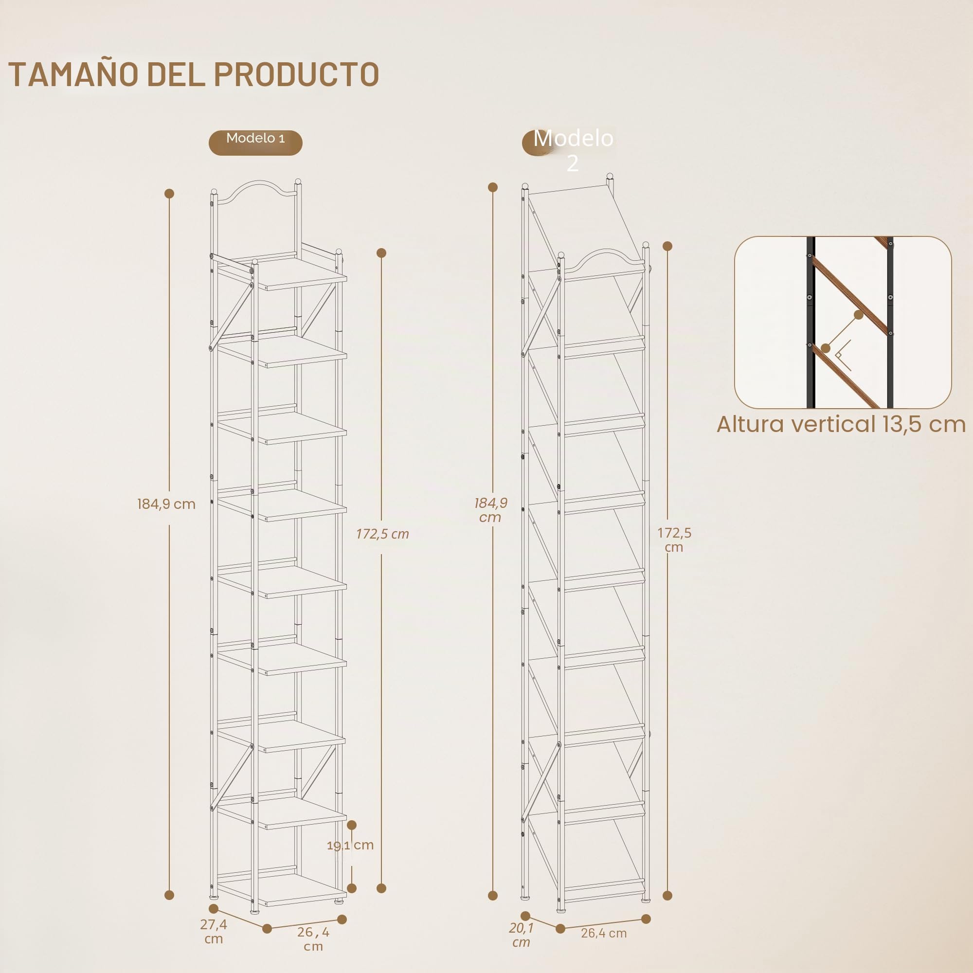 Hzuaneri Zapatero Vertical, 9 Niveles, 2 Modos Ajustables, Ahorra Espacio | Zapatero Estrecho, 26,5 x 27,5 x 185 cm, Zapatero Organizador para Entrada, Pasillo, Sala de Estar, Marrón Rústico, SR28901B