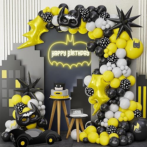 Decoración de fiesta de cumpleaños de color amarillo, negro y gris, 145 unidades, juego de arco de globos de héroe de murciélago de dibujos animados