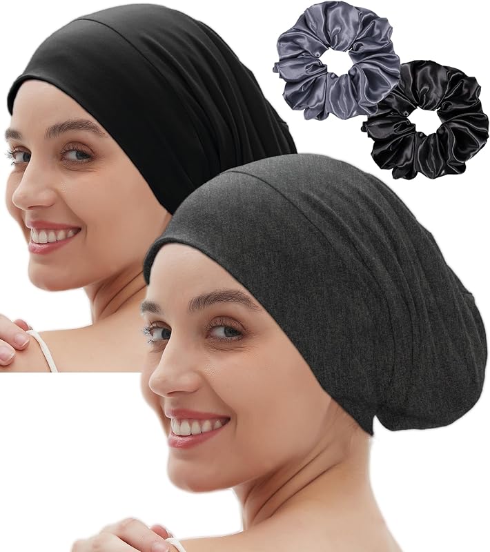Touca de cetim ROYBENS para dormir, dupla camada, Pacote com 2 e scrunchies