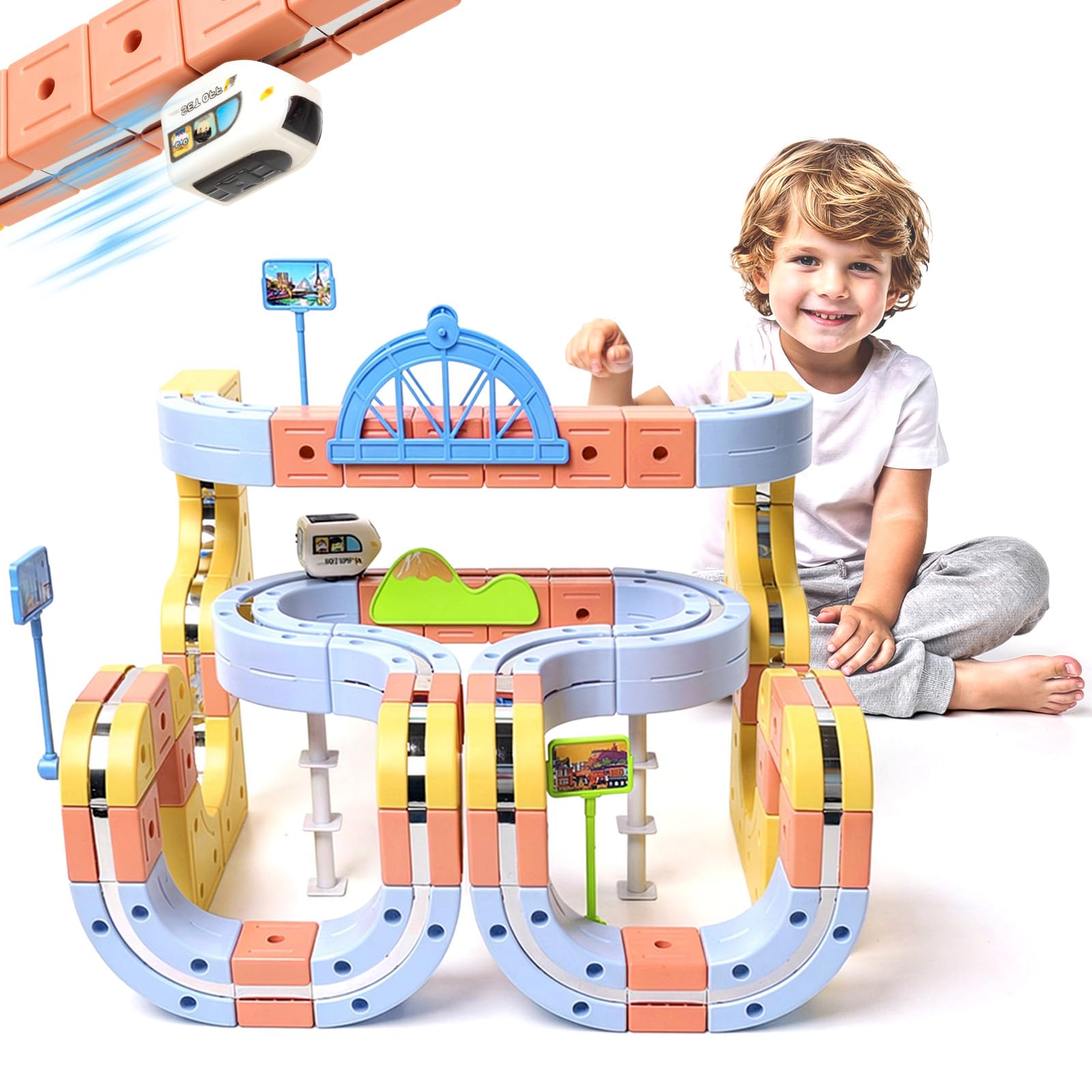 Train Electrique Électrique Enfant - 149 Pièces Circuit Magnétique avec Train Electrique, DIY Construction de Pistes Cube Track Train, STEM Cadeau Jouet Garcon Fille 3-10 Ans
