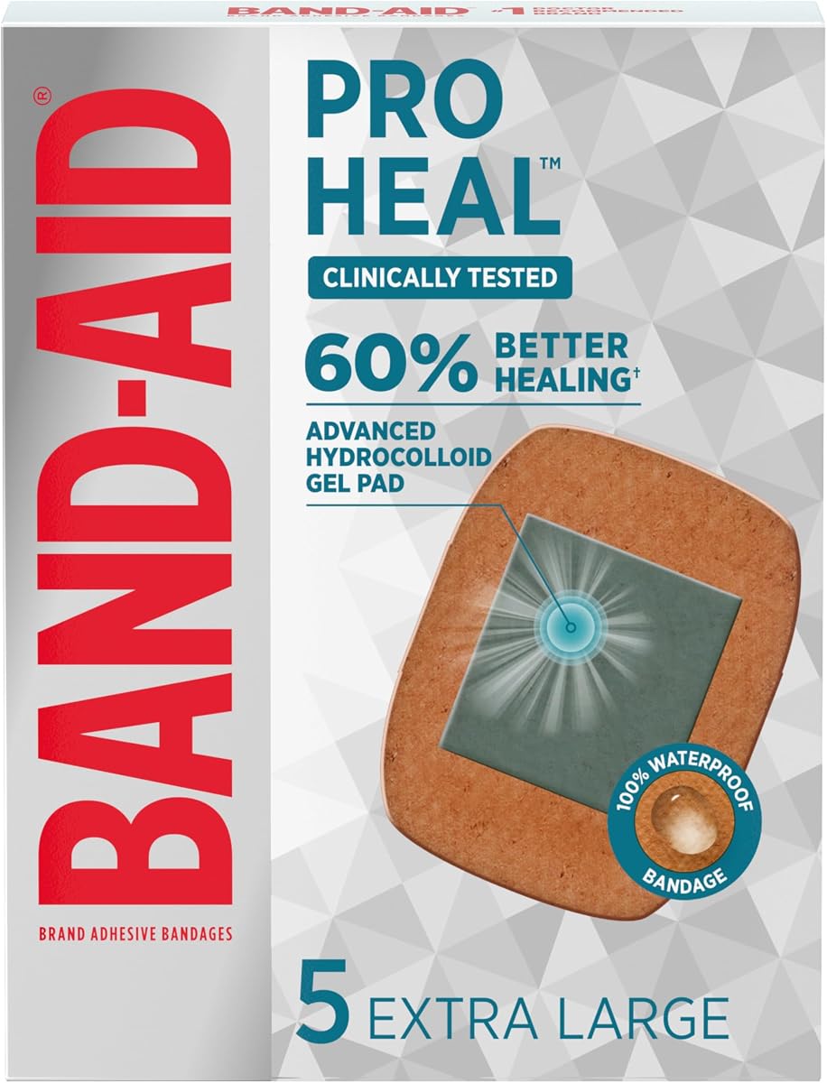 Vendas adhesivas BAND-AID Brand Pro Heal, extra grandes, 5 unidades | Parche de gel hidrocoloide resistente al agua para primeros auxilios y cuidado de heridas, clínicamente probado para una mejor curación de cortes y ampollas menores