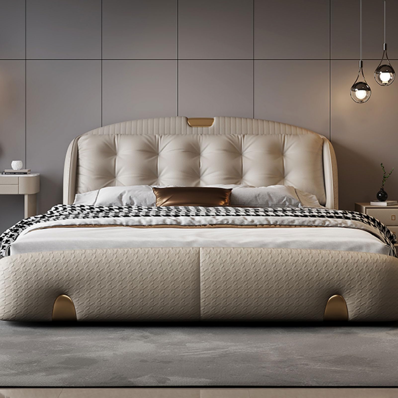 King Size Genuine Leather Bed Set Upholstered Platform Bed Frame with Headboard and Lift Up Storage Wooden Slats