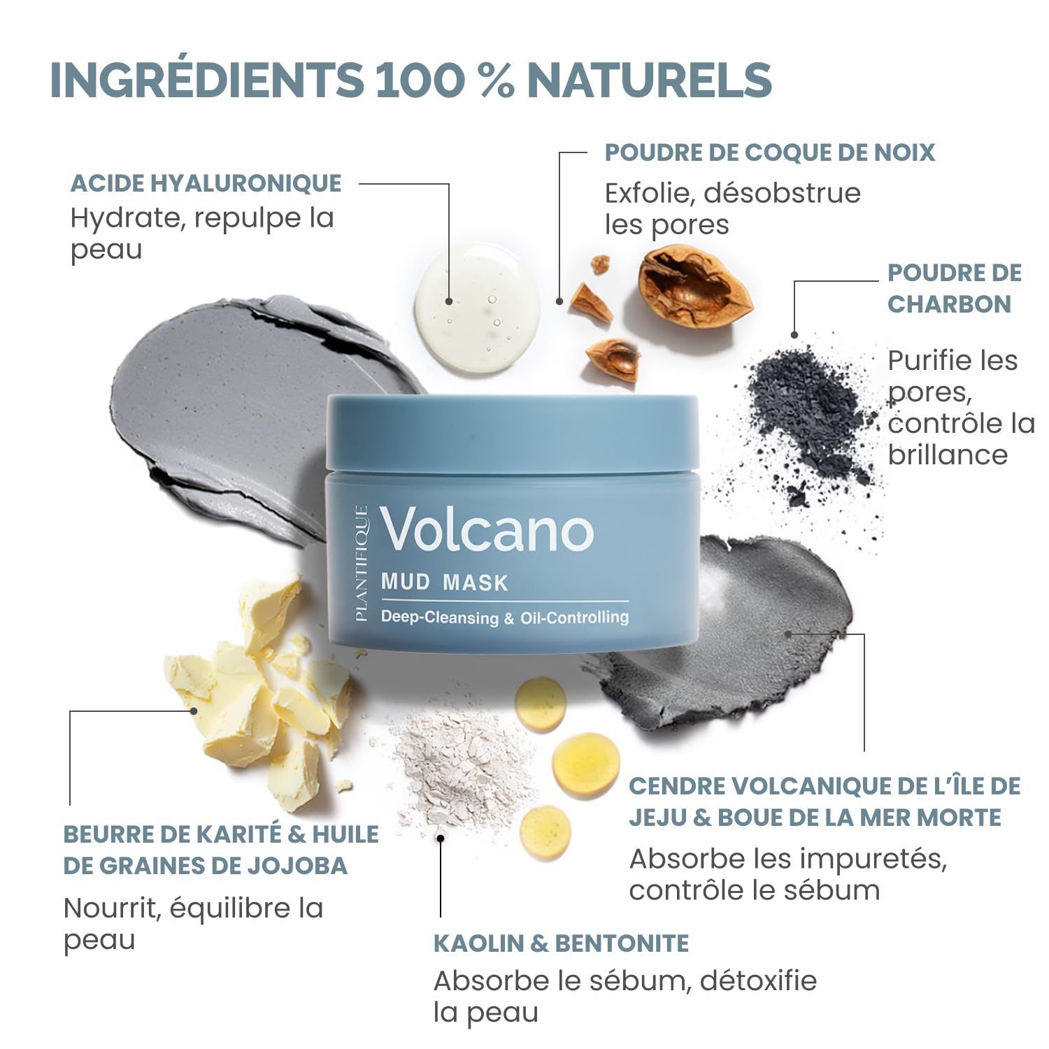 PLANTIFIQUE Masque Coréen à l'Argile Volcanique et Mer Morte – Masque Visage avec Charbon, Acide Hyaluronique, Huile de Jojoba et Beurre de Karité – Purifie, Affine les Pores, Hydrate et Apaise, 110g
