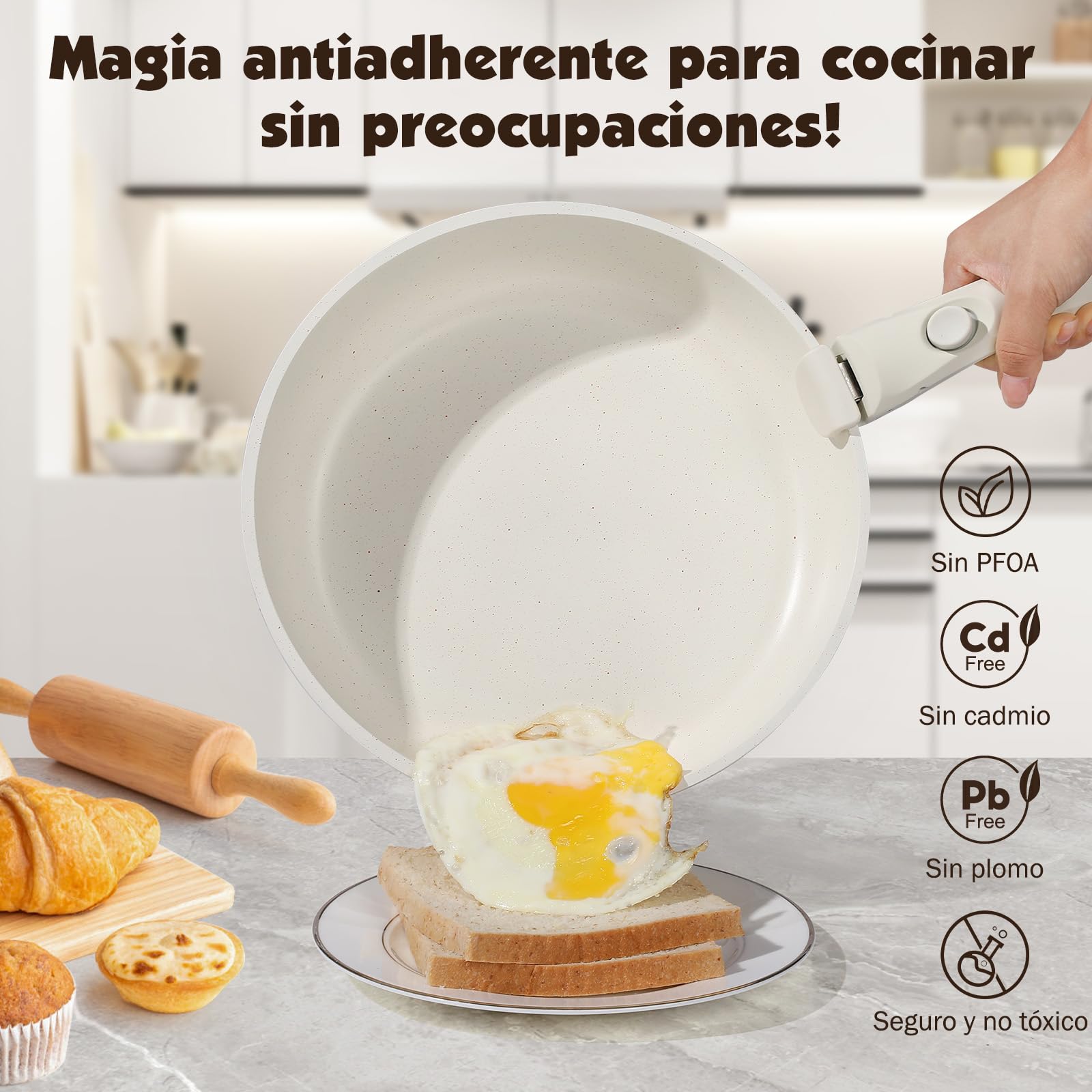 YASHE Batería de Cocina 21 Piezas, Antiadherente, con Mangos Desmontables y Tapas de Vidrio, Compatible con Inducción, Horno y Lavavajillas, Apilable, Blanca | Dos mangos extraíbles y sartén grill cuadrada; cuerpos aptos para horno, apilables y compatible