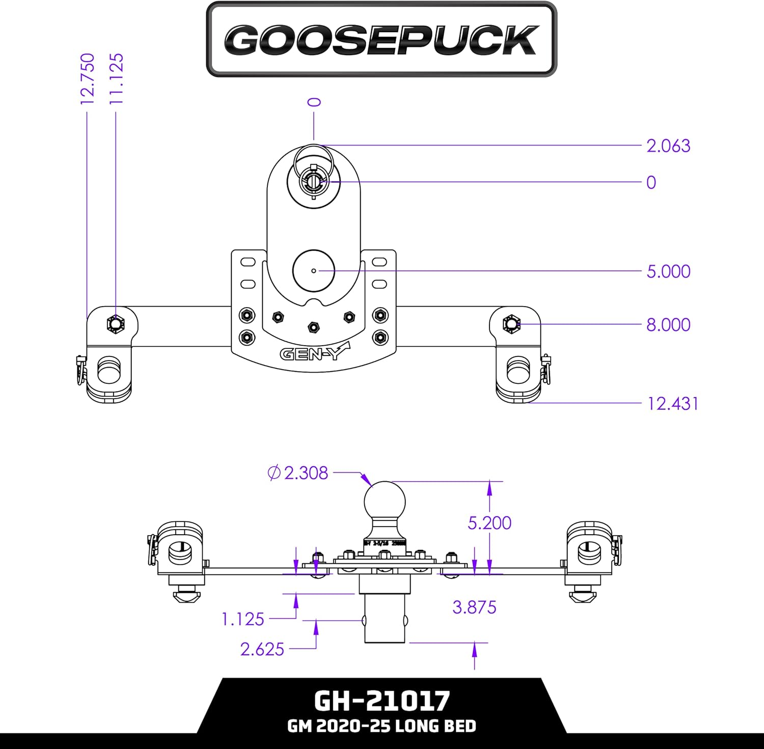 GEN-Y Hitch GoosePuck GEN II Main Assembly - 5" Offset - 25K Overall Towing - with Safety Chain Anchors Incorporated - Compatible with GM 2020 to Current Short and Long Bed Trucks