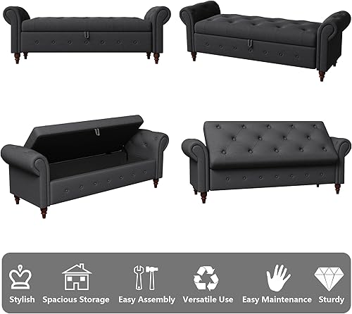 Miniatura 31 de Aoowow Banco de almacenamiento de 63 pulgadas para dormitorio, extremo de la cama, sofá otomano enrollado de tela de terciopelo armado, banco largo