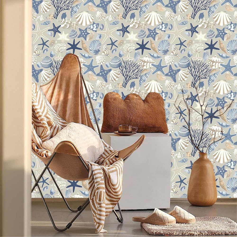 Boho Beige Cream Grey Blue Under The Sea Animal Coral Starfish Shell Peel and Stick Wallpaper Contact Paper Vintage Vinyl Stick on Wall Paper for Bedroom Bathroom Kitchen Cabinet Renter Friendly